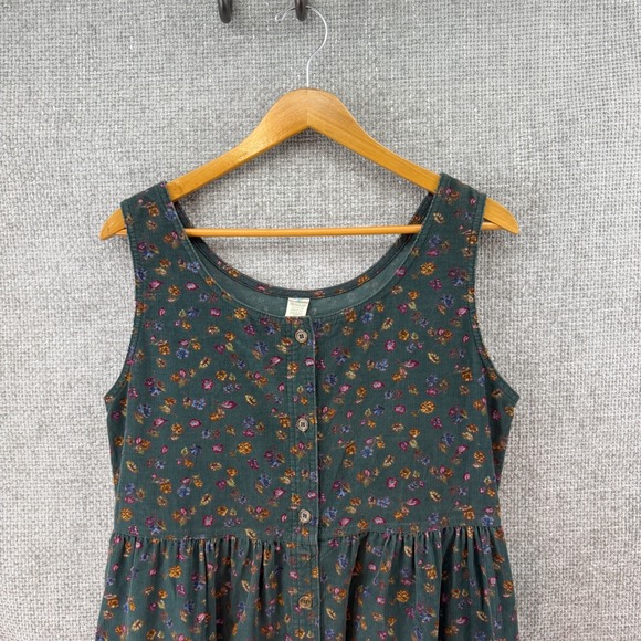 L.L. Bean Dresses & Skirts - Vintage LL Bean Corduroy Dress Women's L Green Floral Button Front Midi Pockets